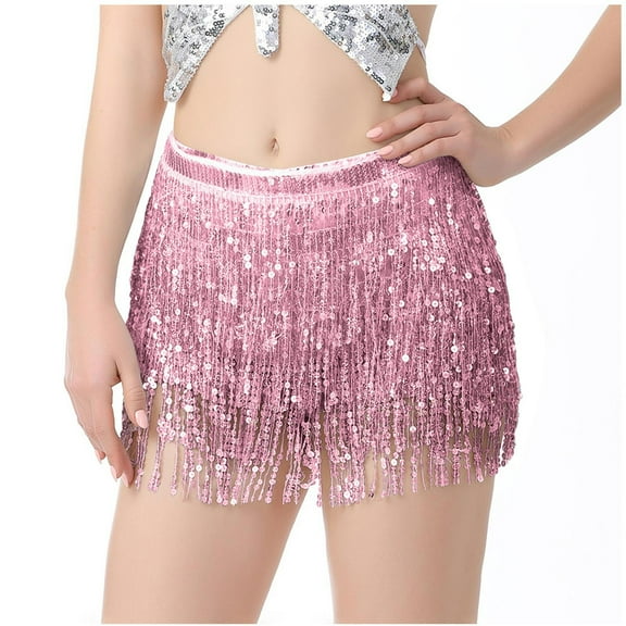 ZQUUVOU Women's Belly Dance Sequins Tassel Dance Skirt Bohemian Tassel Hip Scarf Lace Up Skirt Pink