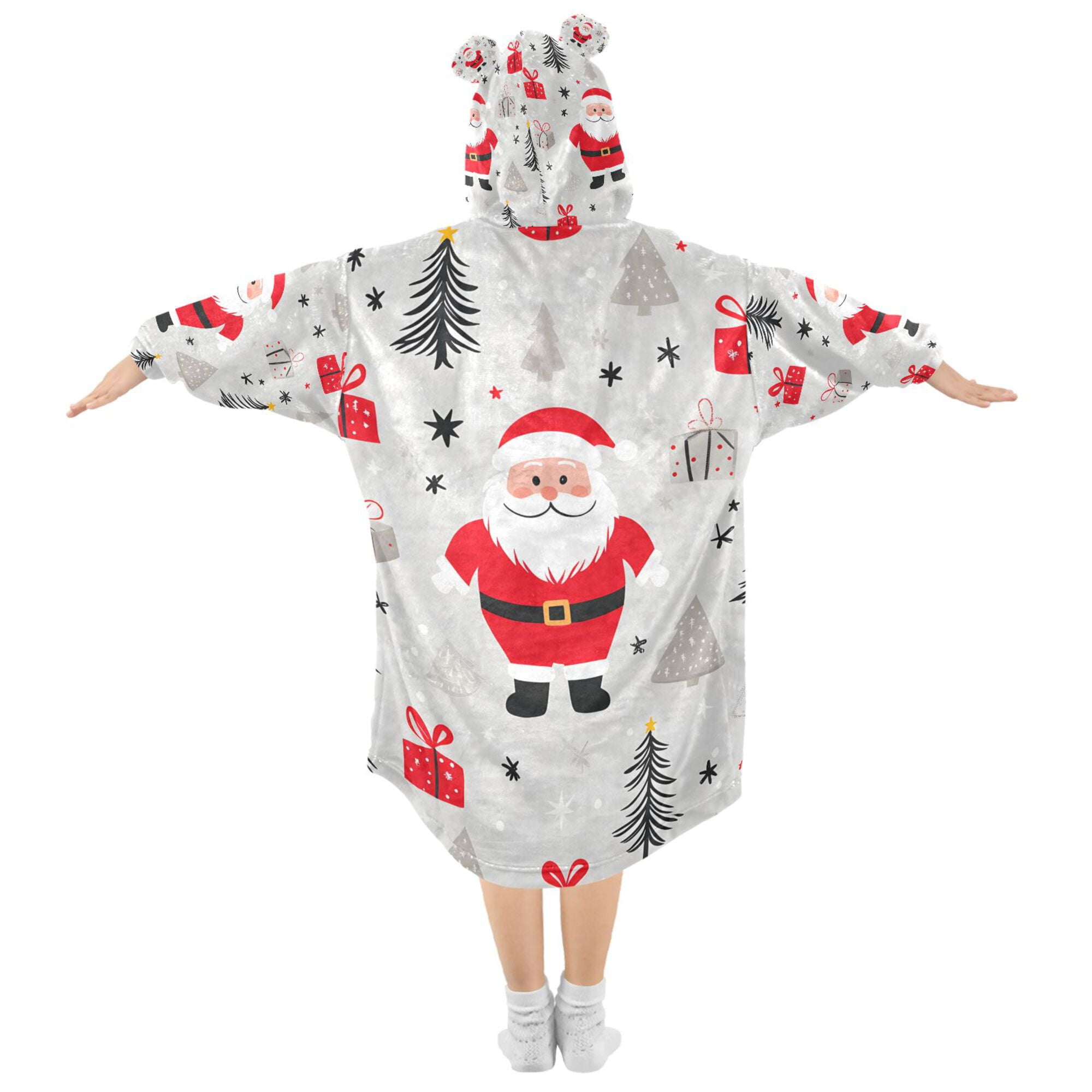 FORMRS Wearable Blanket Hoodie with Sleeves for Kids Cozy Flannel Sweatshirt, Gray Christmas Santa