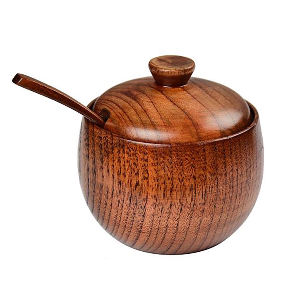 Firlar Sugar Bowl Japanese Seasoning Jar Wooden With Lid And Spoon