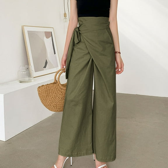 Limited Time Deal kttectoa Women's Pants Womens Wide Leg Pants with Pockets Lightweight High Waisted Adjustable Tie Knot Loose Trousers Summer Work Lounge Pants Womens Pants Plus Size