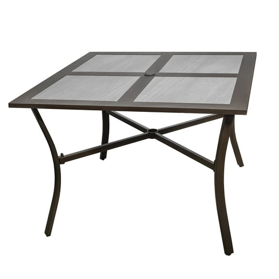 Garden Elements Square Dining Table with Porcelain Tile Top, Aluminum Frame & Umbrella Hole - Ideal for Outdoor Use, Brown & Gray, 40"
