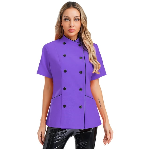 Doomiva Veste de Chef à Manches Courtes pour Femmes Col Croisé Double Boutonnage Uniforme de Travail pour Cuisine Hôtel Violet G