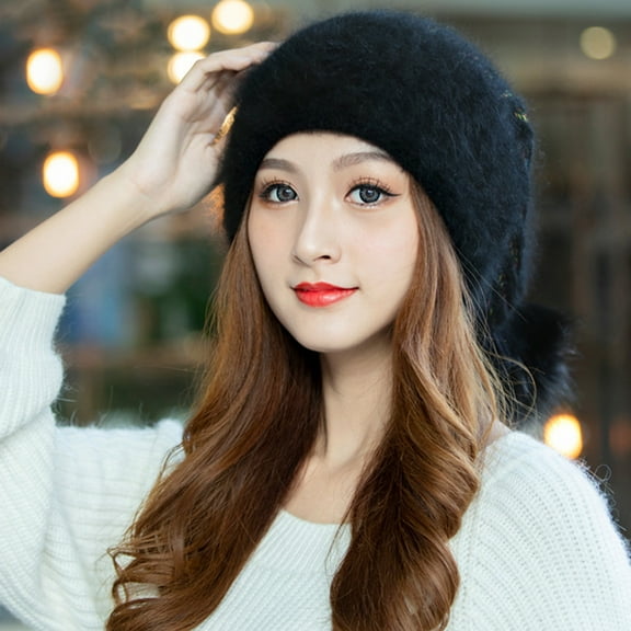 dianhelloya Warm hat Knitted Hat Baggy Slouchy Back Pompom Stretchy Double-layers Keep Warm Thickened Autumn Winter Women Beanie Cap for Outdoor Beige