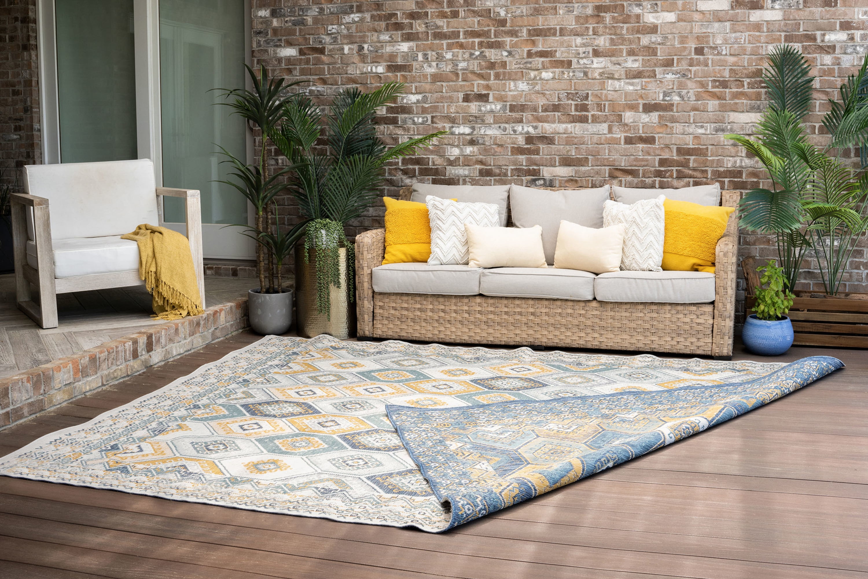 5x7 Water Resistant, Indoor Outdoor Rugs for Patios, Front Door Entry, Entryway, Deck, Porch, Balcony | Outside Area Rug for Patio | Navy, Geometric | Size: 5'3'' x 7'3''