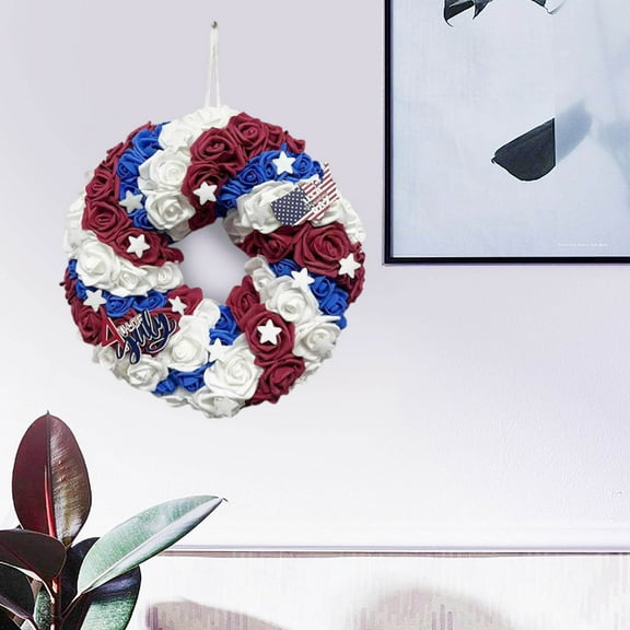 Clearance! Boovnll Patriotic Wreath, 15" Handcrafted Red White Blue Plush Balls Memorial Day Wreath, 4th of July Wreath for Indoor, Outdoor, Front Door, Fireplace, Wall Decor, 4th of July Decorations
