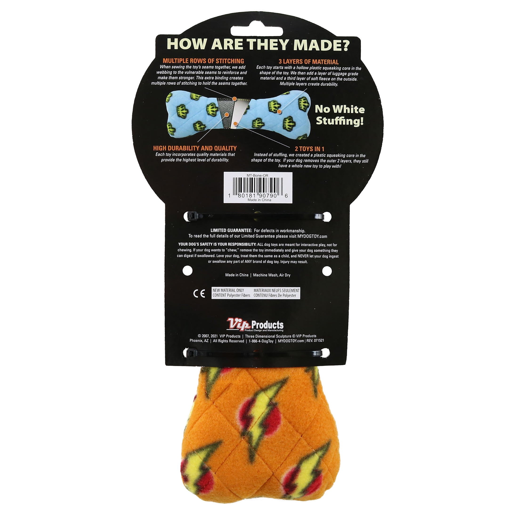 Mighty Bone Orange Durable Squeaky Plush No Stuff Dog Toy