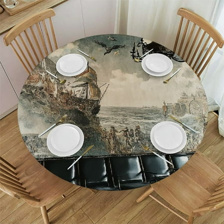 

Flower Floral Round Fitted Tablecloth Sunflower Poppy Barley Round Table Cloth with Elastic Edged Waterproof Wipeable Table Cover Fits Tables up to 45”-56” Diameter