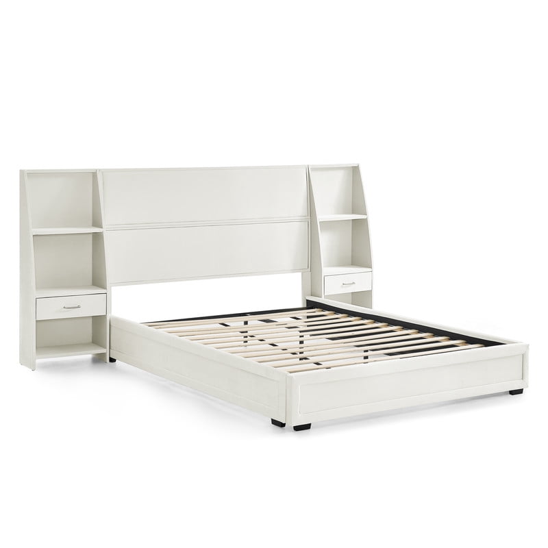 Queen/King Size Modern Upholstered Platform Bed Frame, Velvet Storage Bed with Headboard, Side Bookcases & Drawers Nightstand