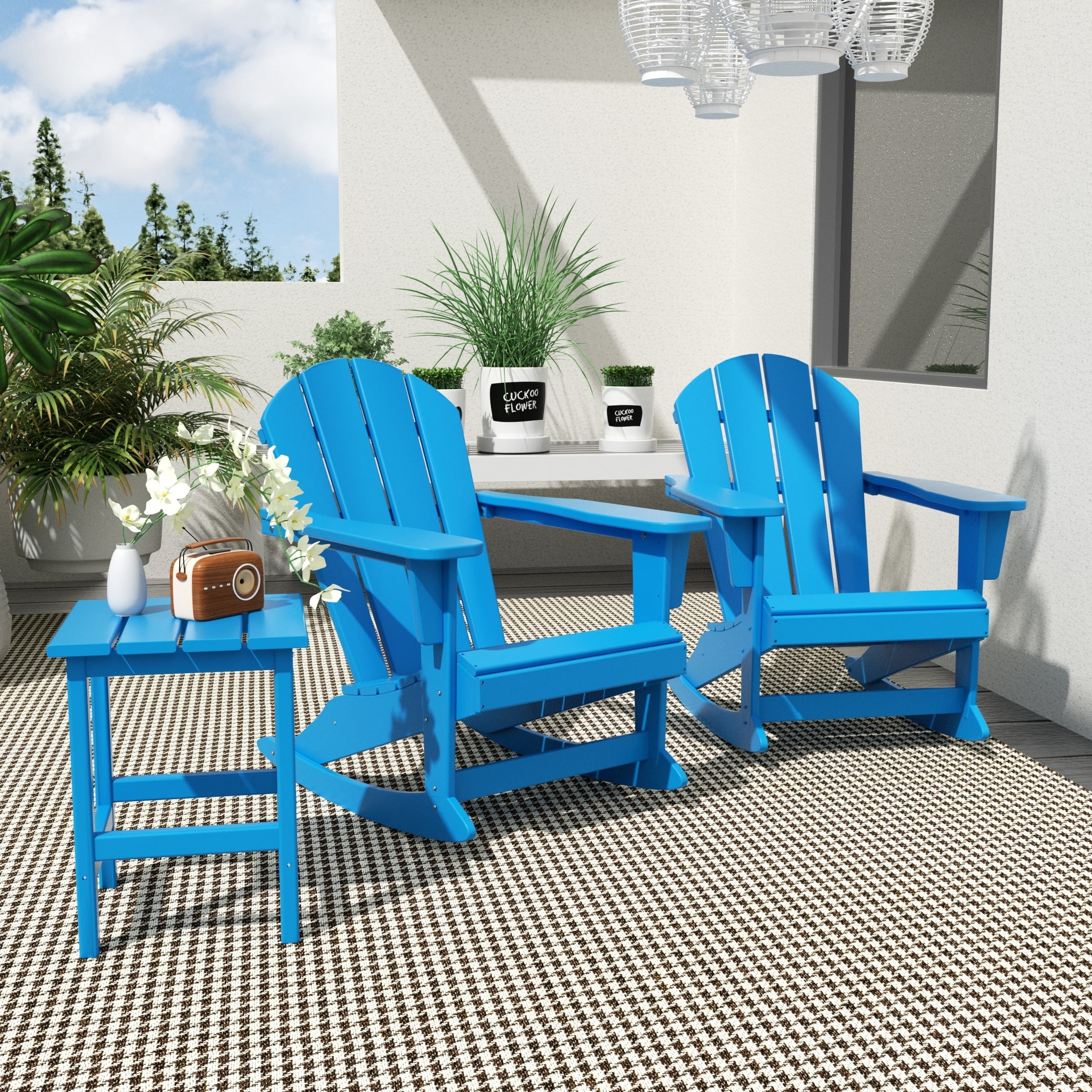 Polytrends  Laguna Hdpe All Weather Outdoor Patio Rocking Chairs With Side Table (3-Piece Set) Pacific Blue