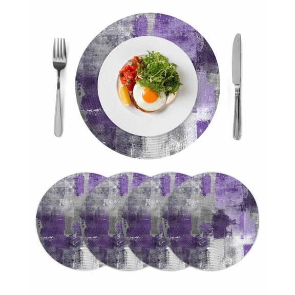 Purple Grey Round 13 Inch Placemats Set of 4, Modern Oil Painted Abstract Art Aesthetics HeatResistant Non Slip Place Mats for Dining Table, Wipeable Braided Kitchen Table Mats for Housewarming