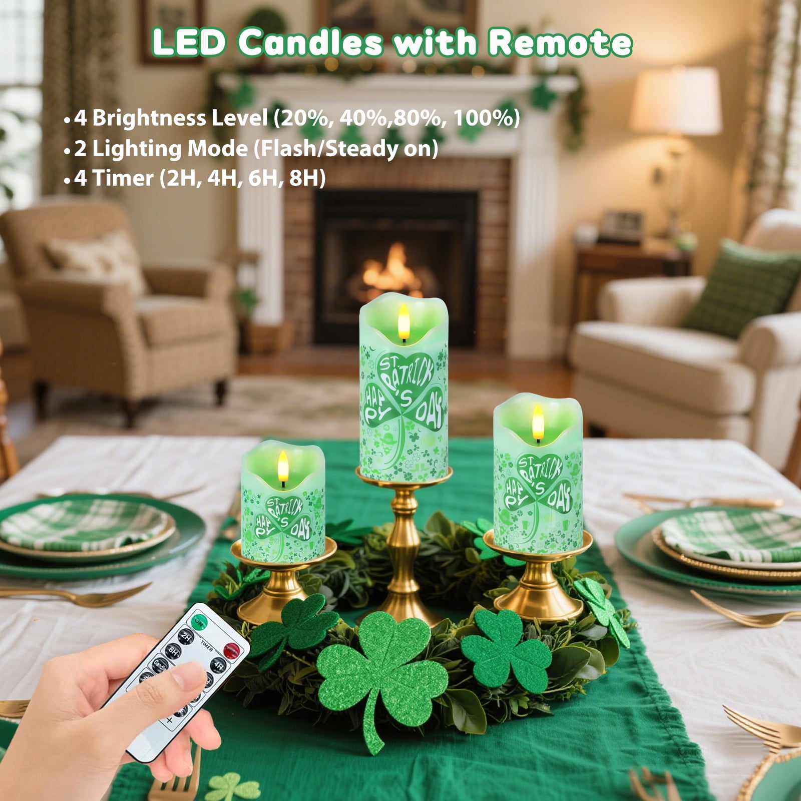 St. Patrick's Day Flameless Candles, Set of 3 Flickering Shamrock LED Candles with Remote & Timer, Dimmable Electric Pillar Candles Battery Operated, Green Candles for Home St. Patrick's Day Decor