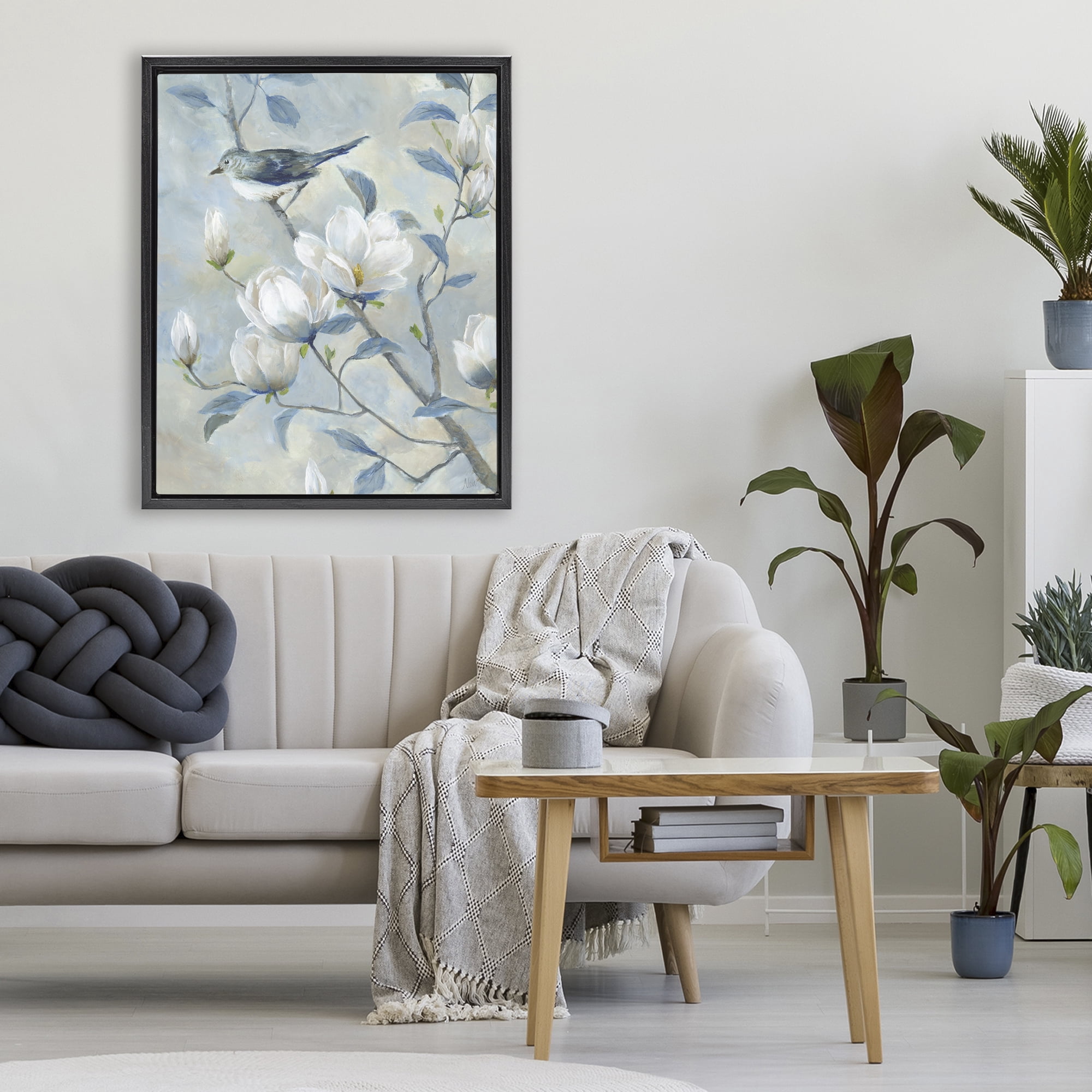 Stupell Industries Blue Bird in Magnolia Tree Black Framed Floater Canvas Wall Art, design by Nan