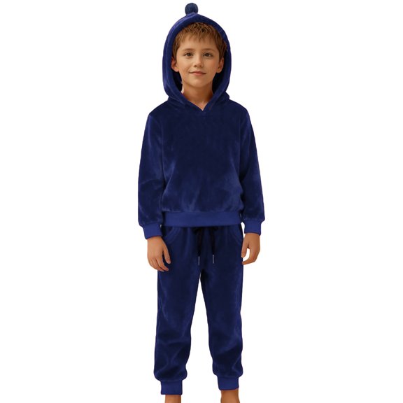 Shadoumai Kids Velvet Tracksuit Warm Lined Two Piece Hoodie And Jogger Set For Fall Winter Seasons