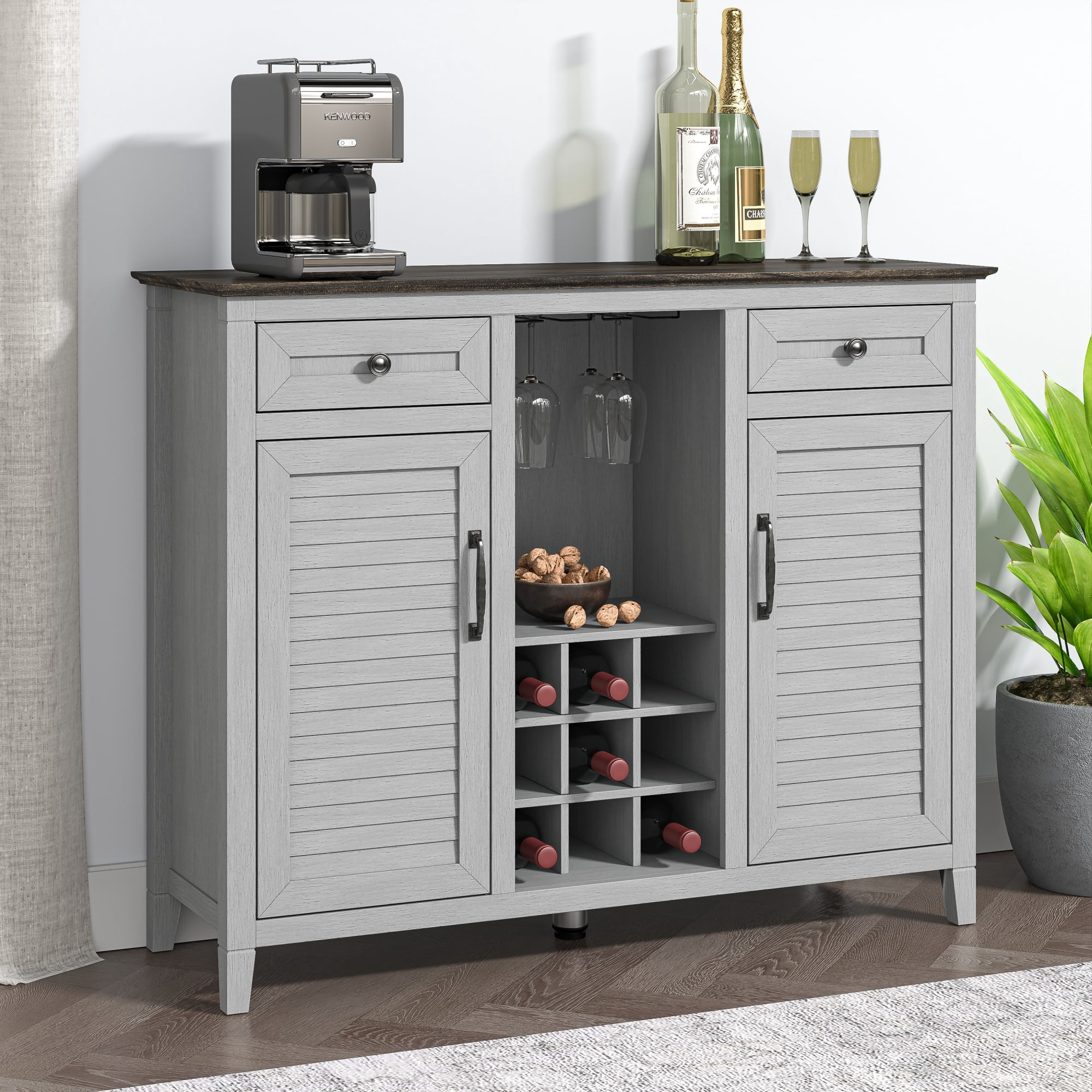 47" Wine Cabinet – Metal Glass Rack, Wood Grid, Adjustable Shelves & Two-Tone Finish，Grey