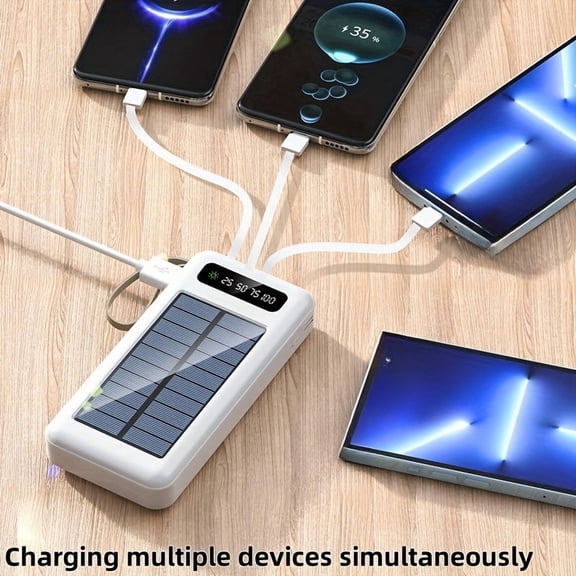 30000/20000/10000mAh Solar Power Bank with LED Light | 5V2A Fast Charging & Built-in 4 Cables | Digital Display & Dual USB Ports | Portable Travel Battery Pack with USB-C Input