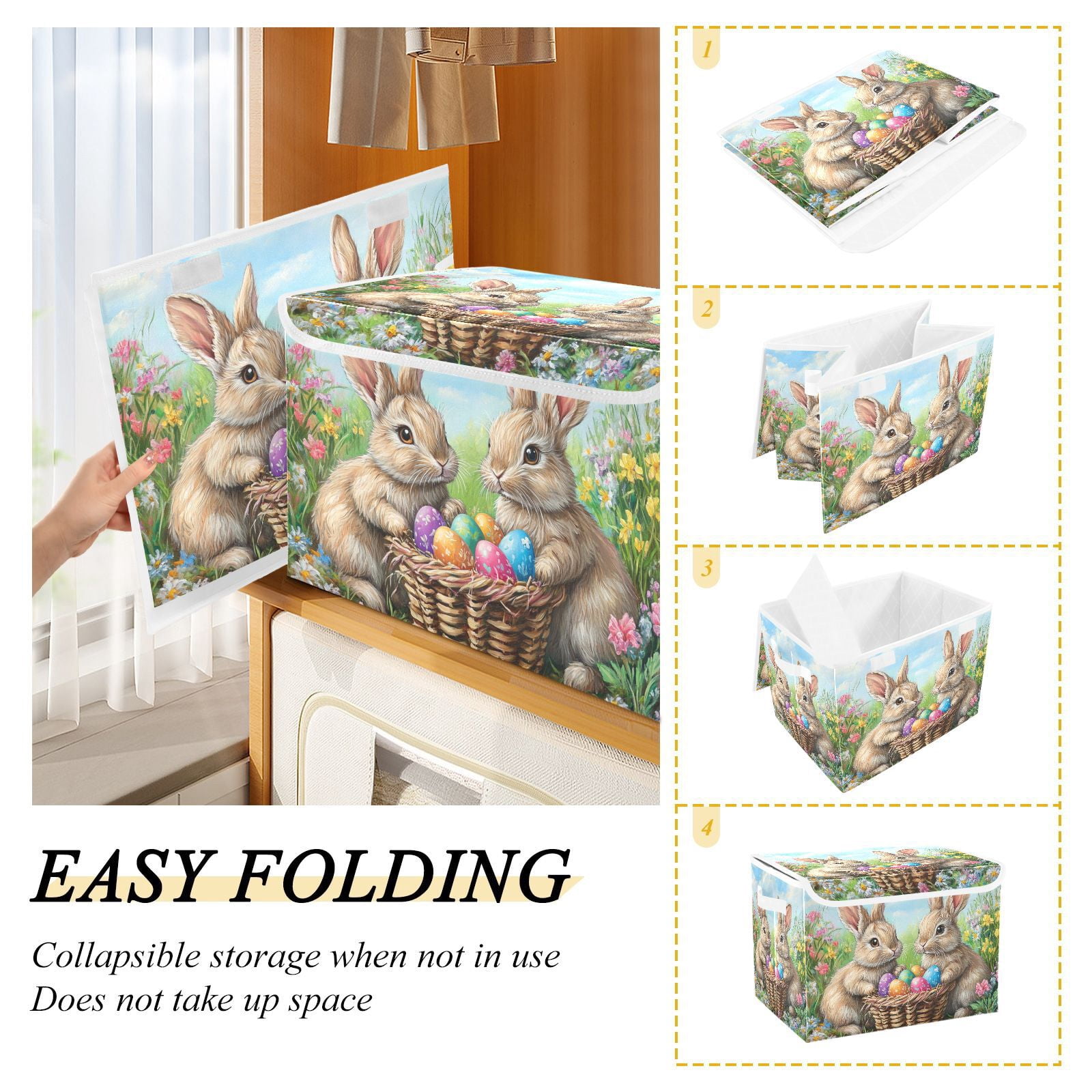 Easter Eggs and Rabbits Storage Basket for Shelves Foldable Container Organizer for Organizing Toys Clothes Books with Handles
