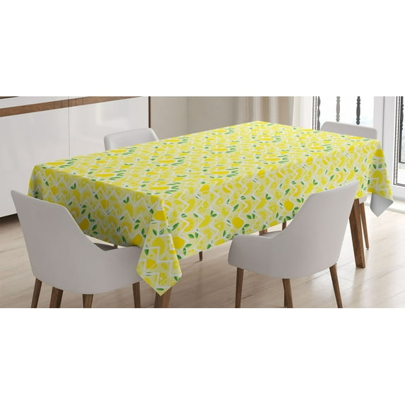 Lemon Tablecloth, Cartoon Lemons with Zigzags Fruit Ornamental Print, Rectangle Satin Table Cover Accent for Dining Room and Kitchen, 60" X 90", Mustard Lime Green, by Ambesonne