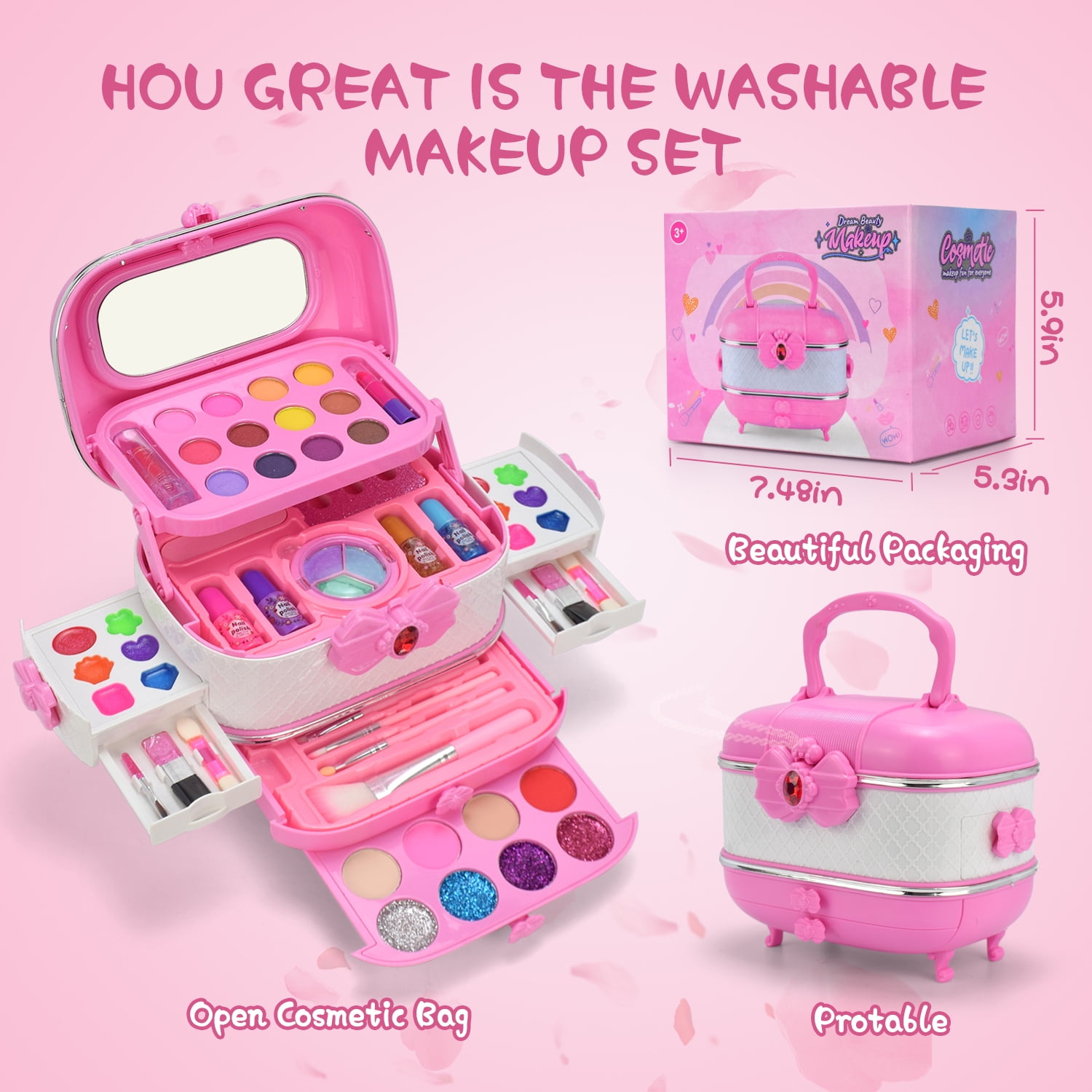 WATTNE Kids Makeup Kit for Girl, 55 Pcs Girl Toys Kids Makeup Set with Real Cosmetic, Washable Make Up Kit, Pretend Play Makeup Toys for 3 4 5 6 7 8 9 10 11 12 Years Old Kids Birthday Gifts (Pink)