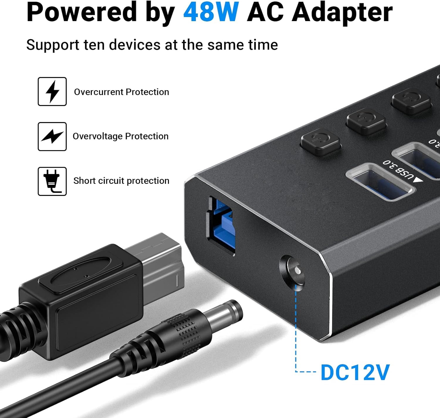 Powered USB Hub 3.0, 10-Port USB 3.0 Hub [Durable Aluminum] 10 Data Transfer Ports+ 4 Smart Charging Ports with Individual On/Off Switches, USB Hub 3.0 Powered with Power Adapter for Laptop PC