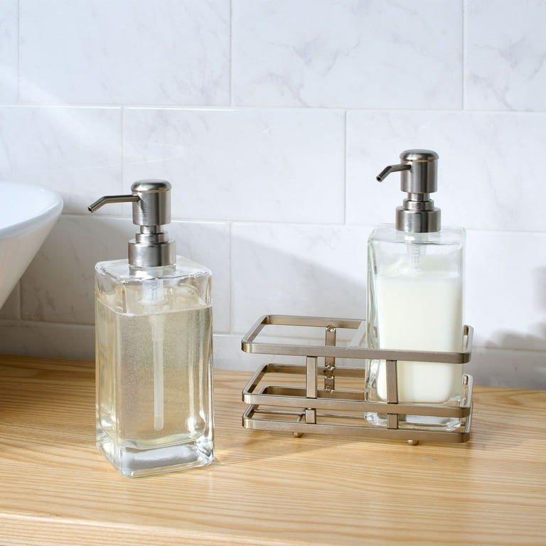 Soap Dispenser Set With Caddy Glass Soap Dispenser With Metal Soap Pump Set  W/ Metal Stand 