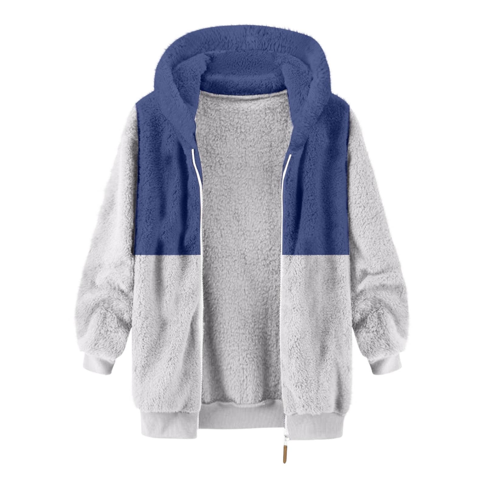 ZCFZJW Big and Tall Regular Fit Color Block Print Long Sleeve Full Zip up Jackets for Men Casual Sherpa Fleece Hooded Pullover Sweatshirts Trendy Warm Coat Tops A-Blue XXL