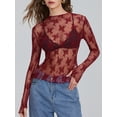 thumbnail image 4 of AIGUR Women Long Sleeve T-Shirts Polyester Mesh See-Through Mock Neck Lace Shirts Spring Fall Slim Fit Tops Streetwear, 4 of 9