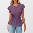 thumbnail image 2 of MIXUE Women Blouses Summer Solid Color Round Neck Short Sleeve Pleated Elegant Womens Tops Sportswear,Purple,XXL, 2 of 5