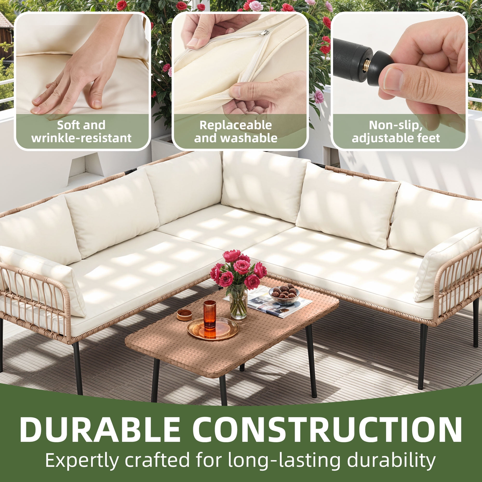Uforic 4 Pieces Patio Conversation Set,Wicker Outdoor Furniture Set, All-Weather PE Rattan Sectional L-Shaped Sofa with Coffee Table - Beige