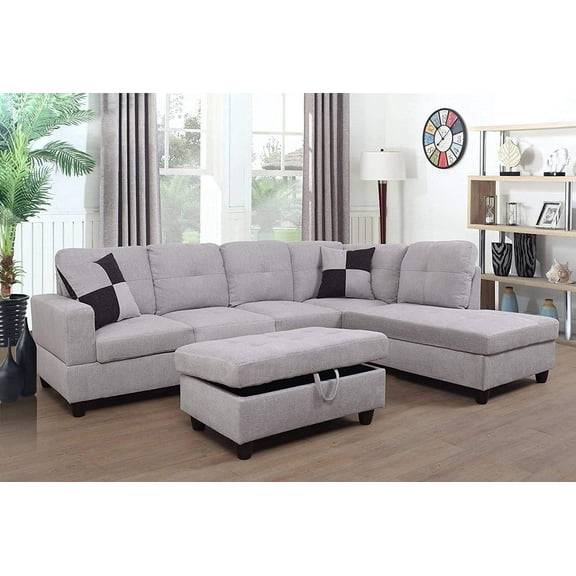 PonLiving Furniture 103" Wide Flanelette Right Hand Facing Sofa & Chaise with Ottoman Grey White
