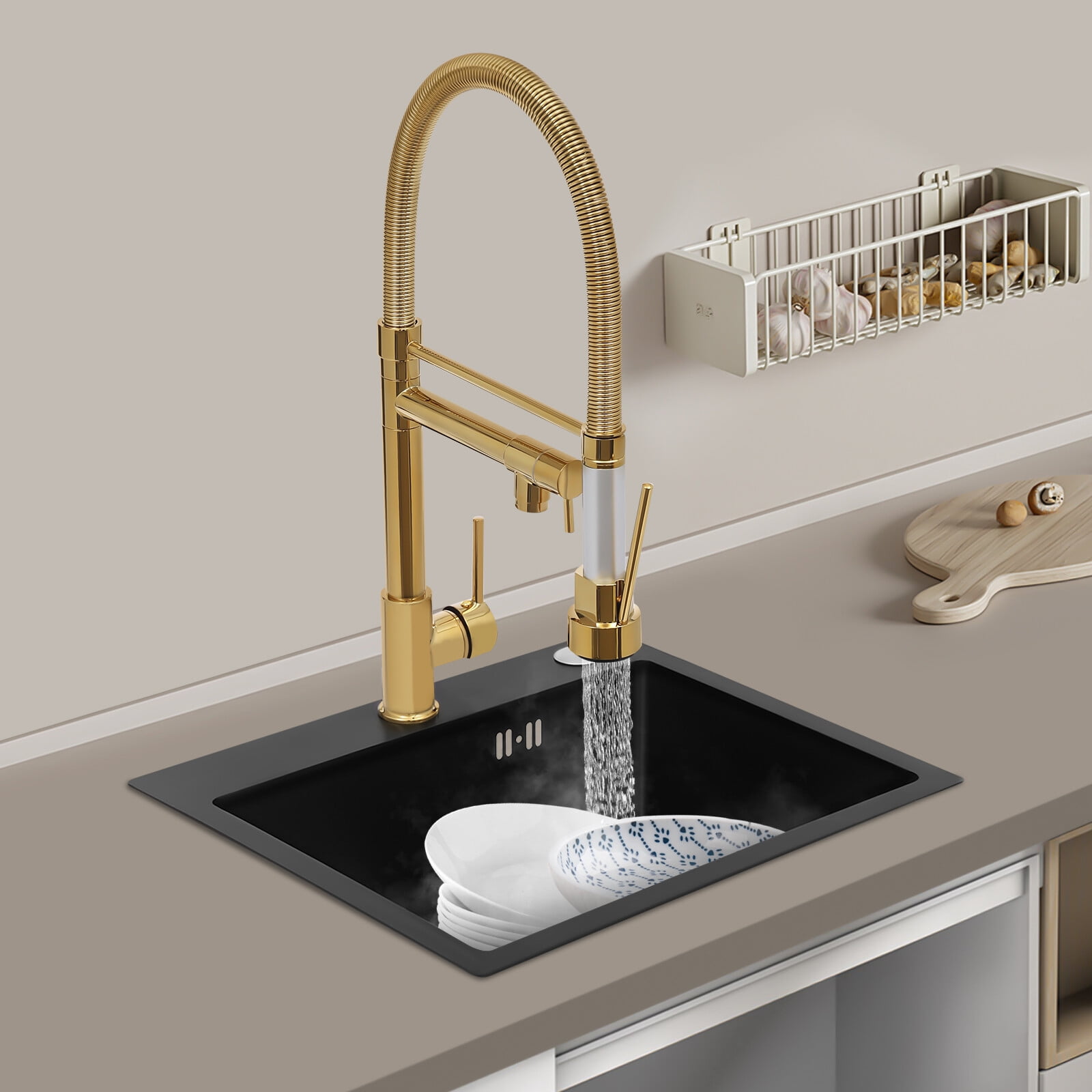 Kitchen Sink Single Handle Stainless Steel Faucet with Pull Down Sprayer(Titanium Gold)