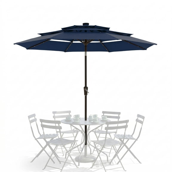 Blue 10FT 3-Tier Solar LED Lighted Vented Outdoor Patio Umbrella