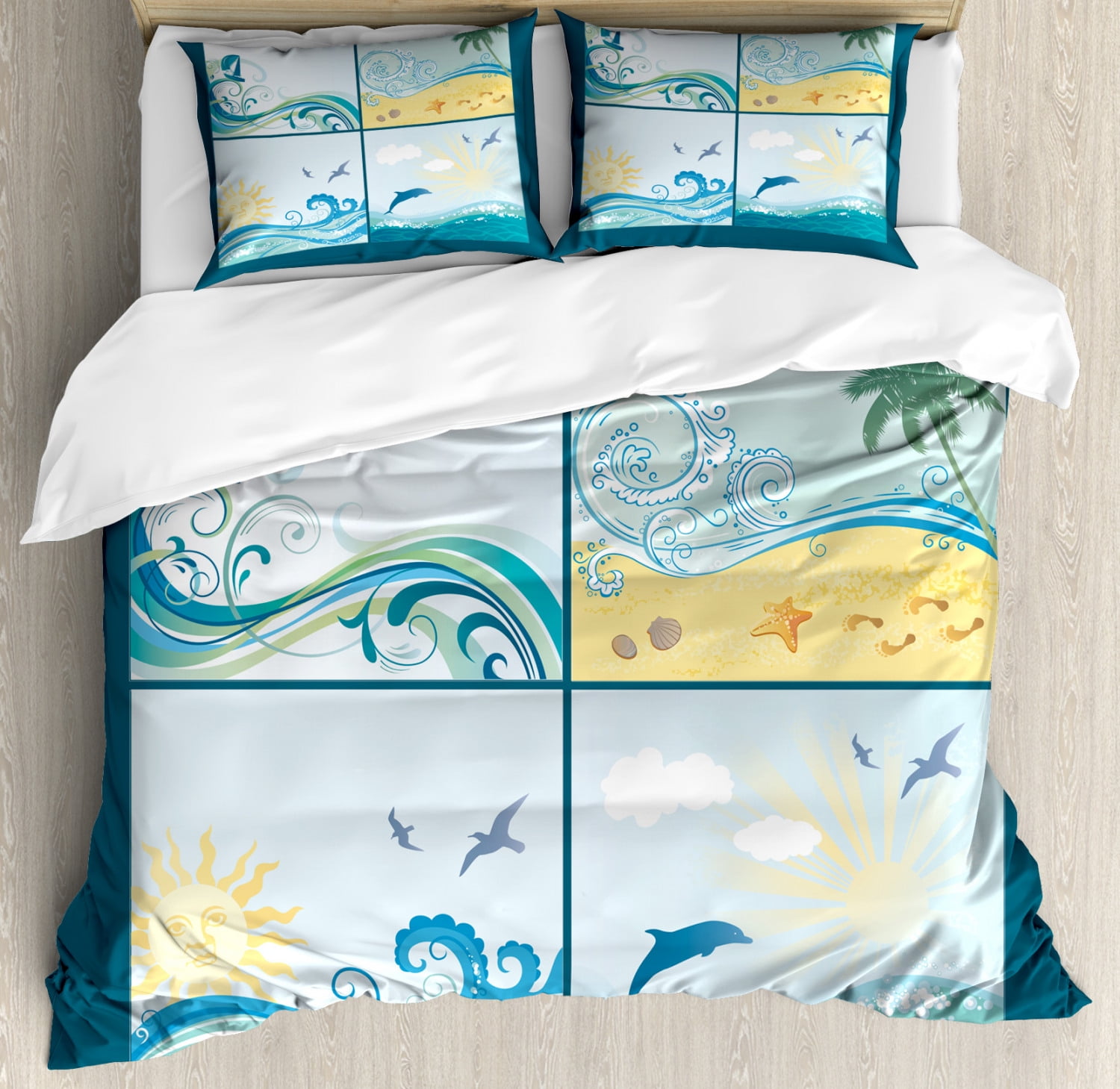 Beach Queen Size Duvet Cover Set, Maritime Themed Frames with Waves Sun