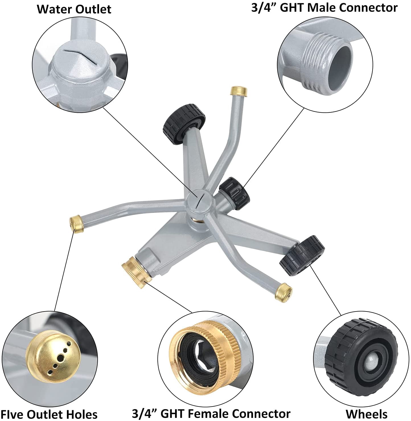 Metal Rotating Water Sprinkler for Lawn, Heavy Duty 3-Arms Whirling 360 Degree Automatic Rotary with Wheeled Base Small Areas, Garden, Yard, Cover up to 1,384 Sq. ft.