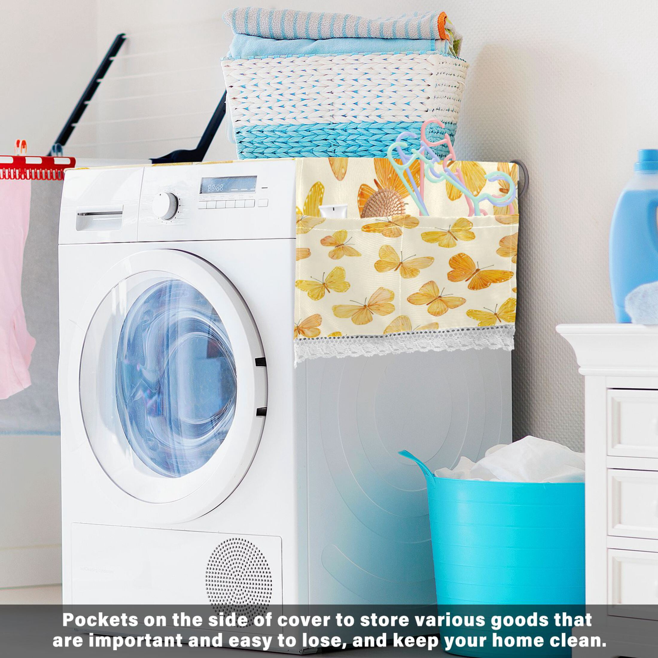 Wobogo Warm Yellow Butterfly Washing Machine Cover Dustproof Washer Dryer Cover Waterproof Laundry Room Decorative Protector