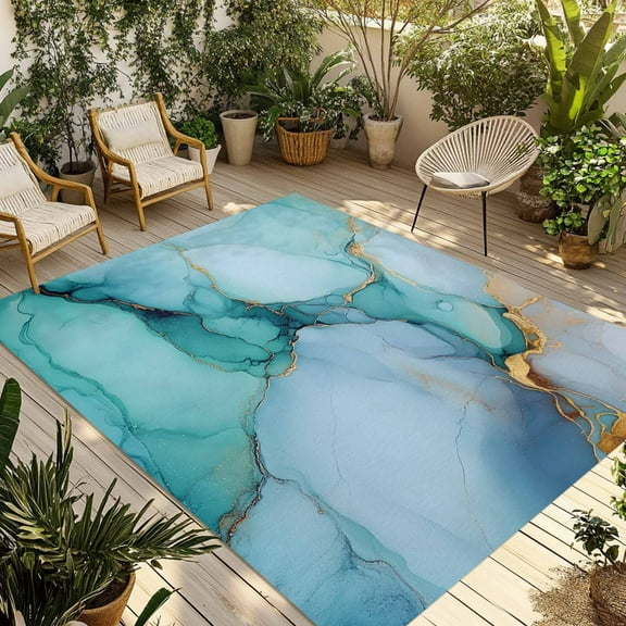 Fsddascl Teal Marble Outdoor Rug for Patio/Deck/Porch, Non-Slip Large Area Rug 4 x 6 Ft, Contemporary Ink Painted Abstract Art Indoor Outdoor Rugs Washable Area Rugs, Reversible Camping Rug Carpet