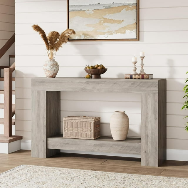 Longue Table Console pour Entrée, Grande Table de Canapé à 2 Niveaux avec Rangement, Table Console en Bois Style Ferme pour Salon, Table d'Entrée en Bois pour Entrée