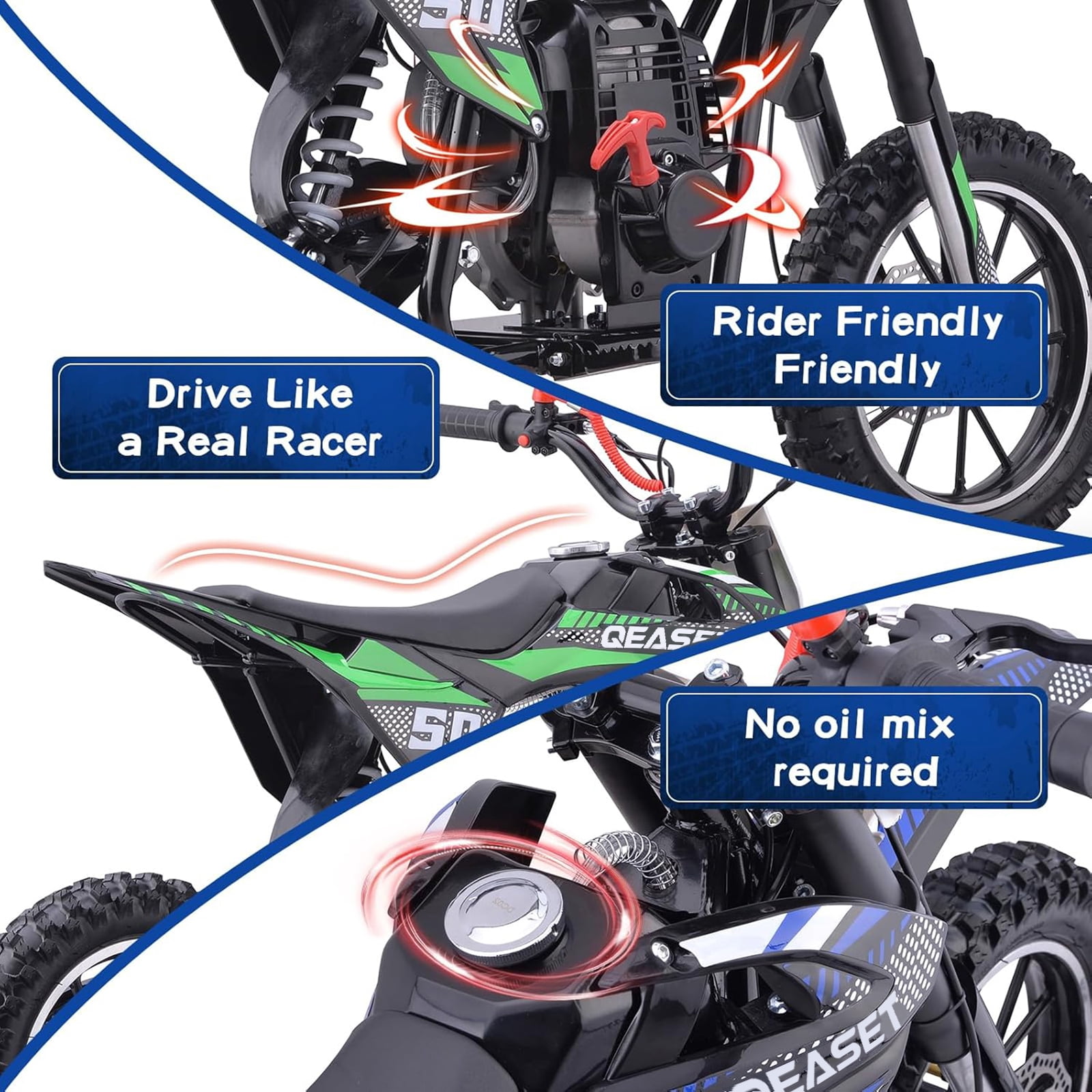 QEASET Gas Mini Dirt Bike, 39.4 CC 4-Stroke Dirt Bike, Rear Shock Absorber, Metal Frame, Disc Brakes, Max Load 165Lbs, Up to 20Mph, No Oil Mix Require, Green