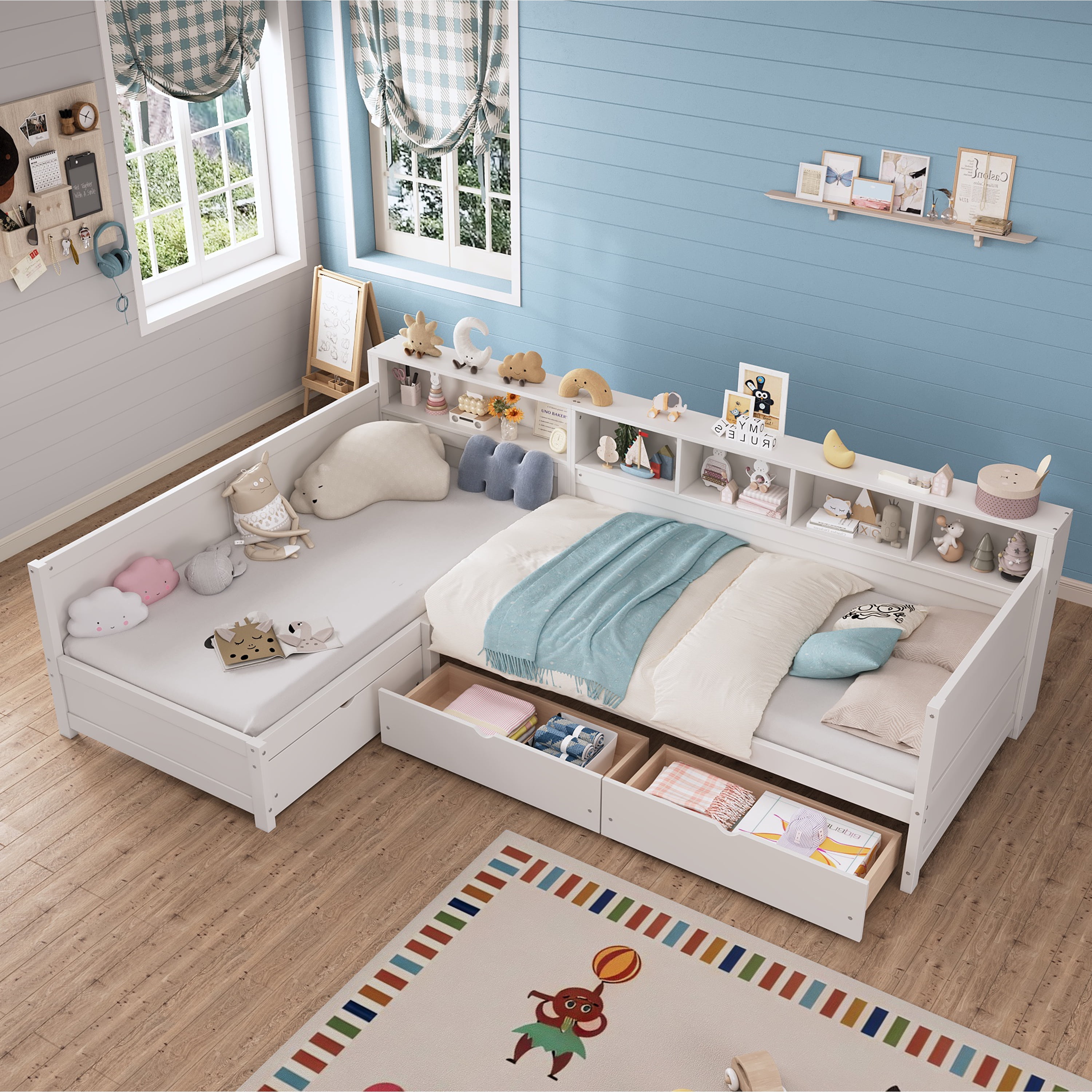 Yoneston L-Shaped Twin Daybed with Storage Side Bookcase and 3 Drawers, Corner Bed Frame with Storage Shelves for Kids Teens Bedroom Playroom Guest Room, White