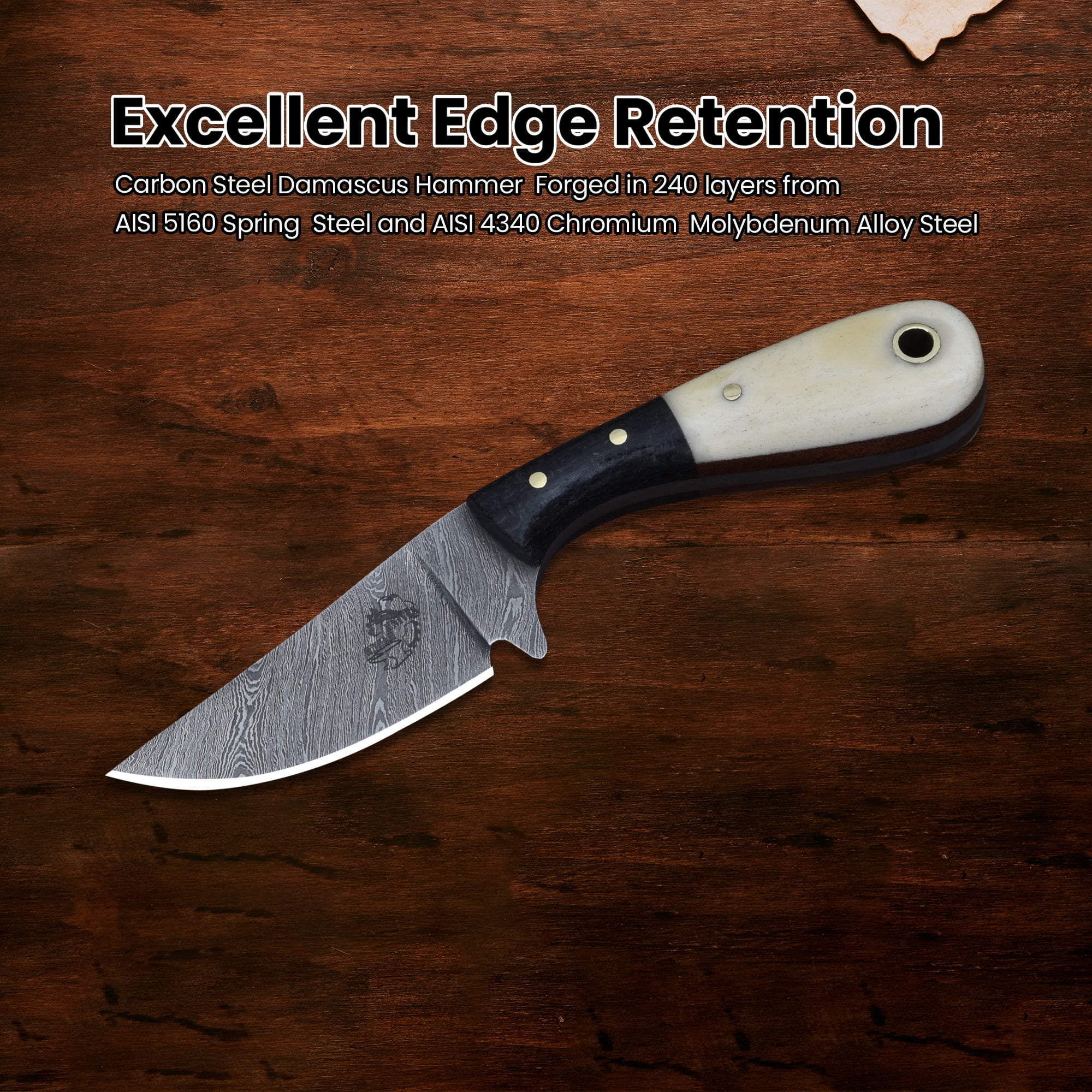 Knives Ranch 3133-SG Antler Neck Knife – Fixed Blade Pocket Knife with Leather Sheath & Paracord, Outdoor EDC Hunting Utility Knife