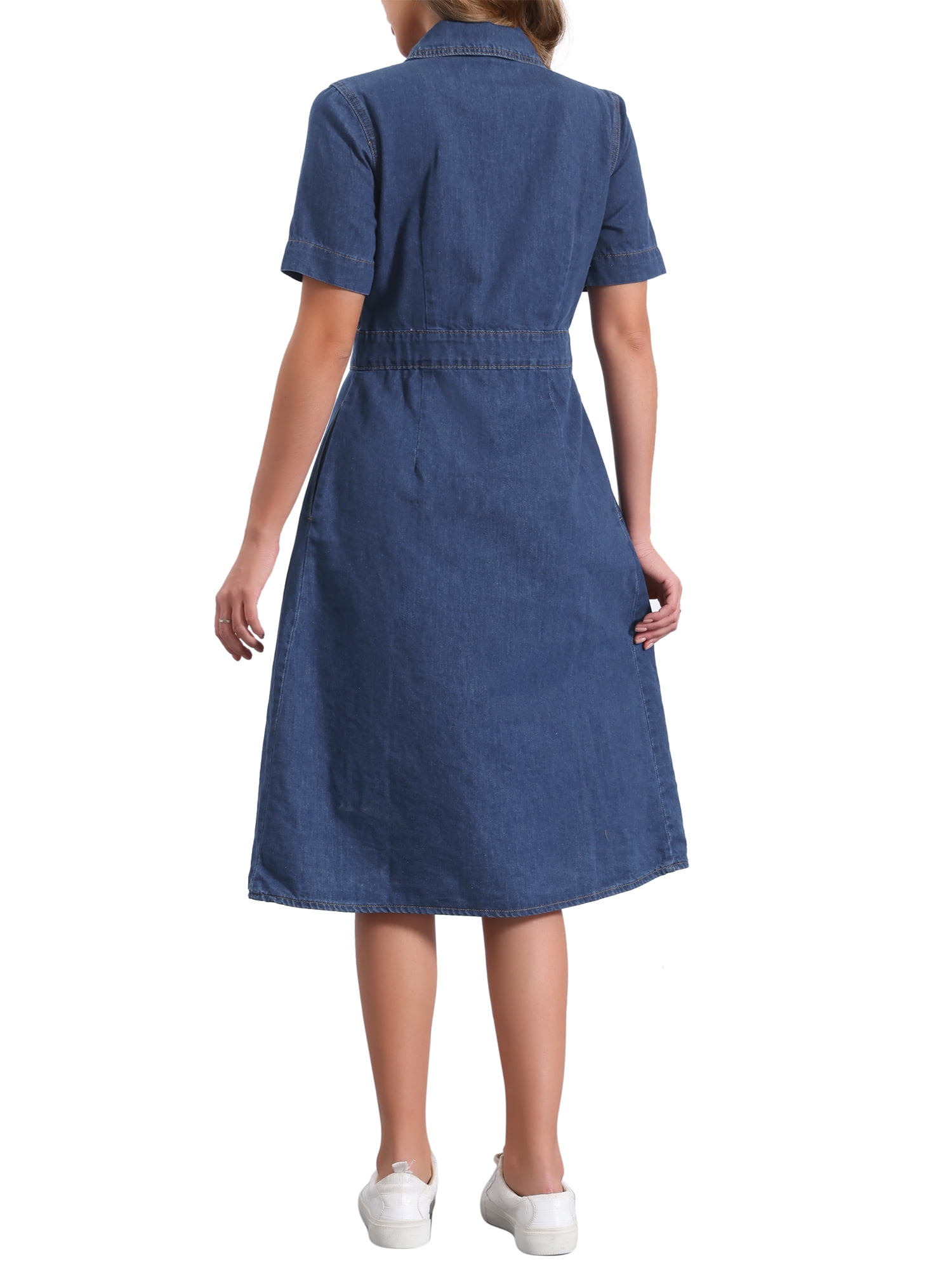 DARING DIVA Denim Collared Short Sleeve A-Line Midi Dress S Dark Blue