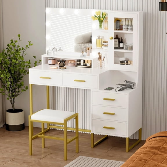 TROPOW Vanity Desk with Mirror, Makeup Desk Set with 3 Color Lights and Chair, Modern Vanity Table with Drawers and Shevles, Dressing Table with Charging Station for Bedroom, White