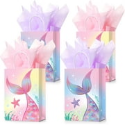 XD2-16 Pcs Mermaid Birthday Gift Bags with Tissue Paper Mermaids Theme Party Favor Bags Goodie Candy Treat Bags for Birthday Mermaids Themed Decorations*2
