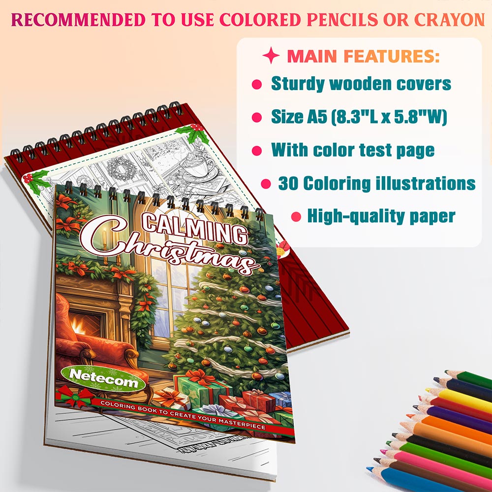Netecom Calming Christmas Coloring Book Spiral Bound For Adults, A5 Wooden Cover, 30 Beautiful Coloring Pages of Tranquil Winter Scenes for Stress Relief and Relaxation