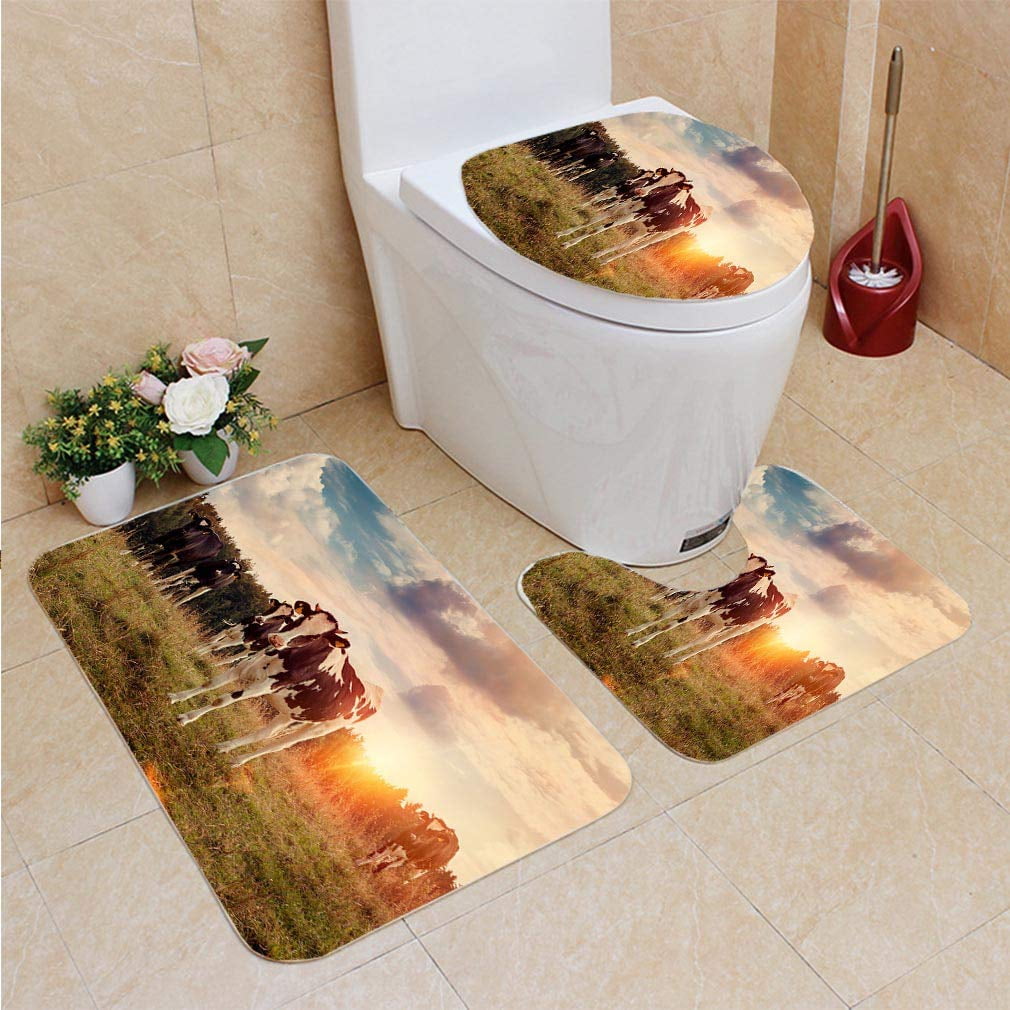 GOHAO Cows 3 Piece Bathroom Rugs Set Bath Rug Contour Mat and Toilet