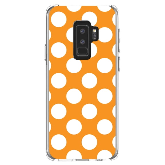 DistinctInk Clear Shockproof Hybrid Case for Samsung Galaxy S9  PLUS (6.2" Screen) - TPU Bumper, Acrylic Back, Tempered Glass Screen Protector - White & Orange Polka Dots