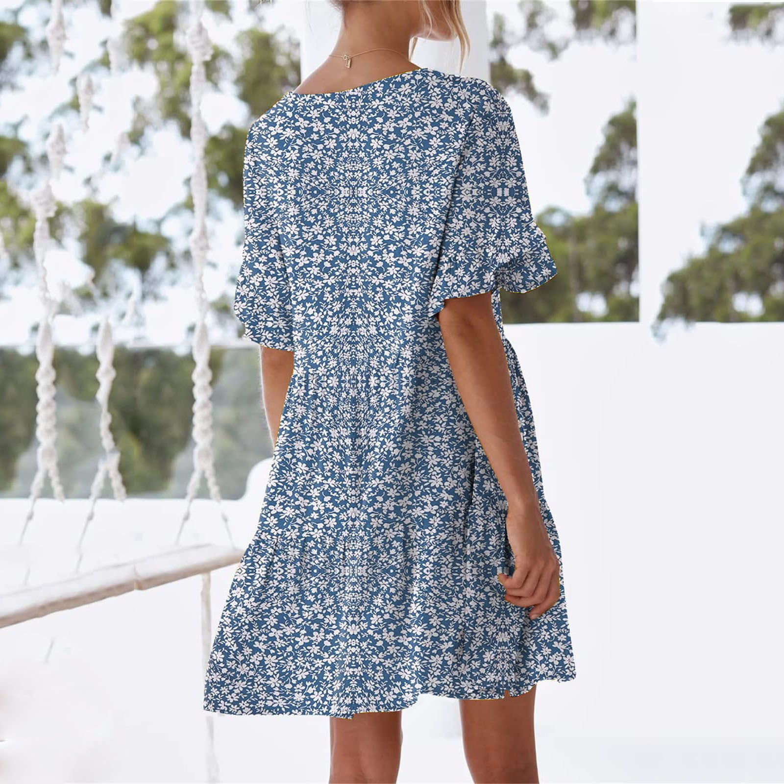 Leesechin Summer Dresses for Women Ladies Plus Size Elegant Dress Sweet & Cute V-Neck Mini Dress with Pocket Short Sleevele Ruffle Dress