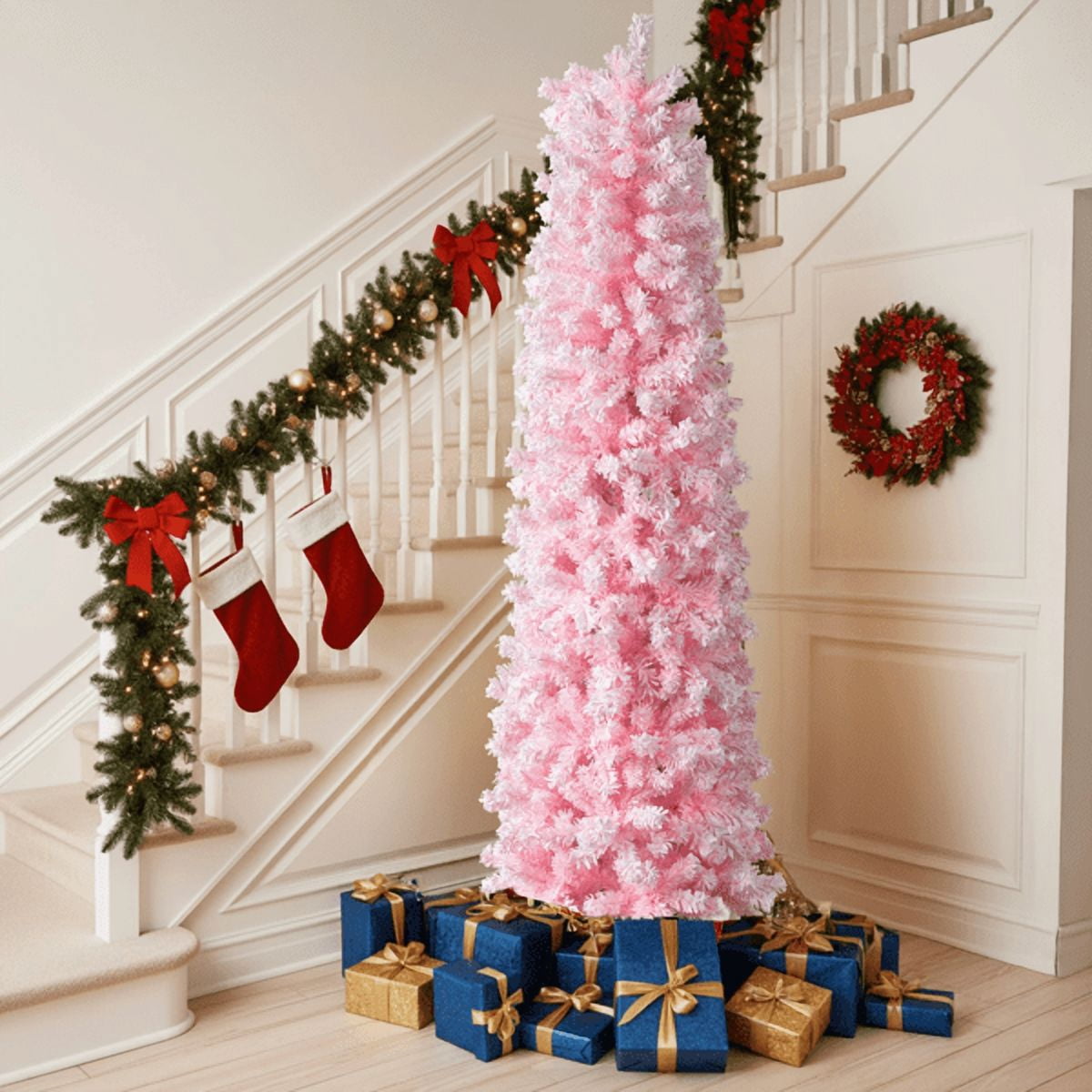 7.5FT Slim Pencil Christmas Tree Snowy Pink Flocked PVC 641 Branch Tips for Small Spaces Apartments Offices