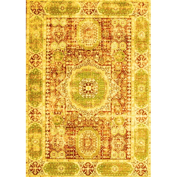 Ahgly Company Machine Washable Indoor Rectangle Persian Yellow Traditional Area Rugs, 5' x 7'