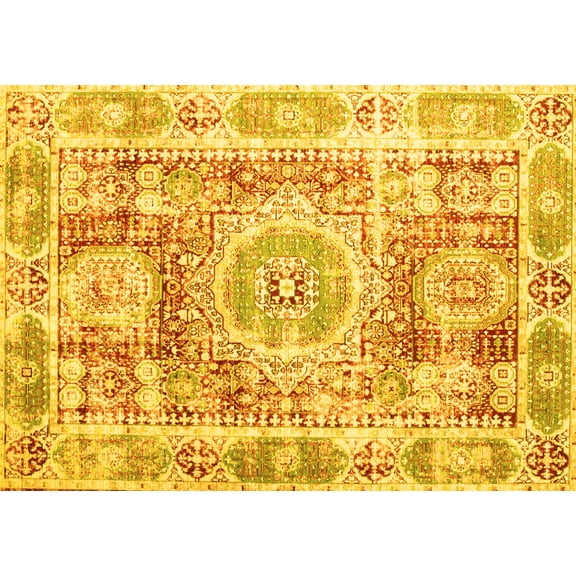 Ahgly Company Machine Washable Indoor Rectangle Persian Yellow Traditional Area Rugs, 5' x 7'