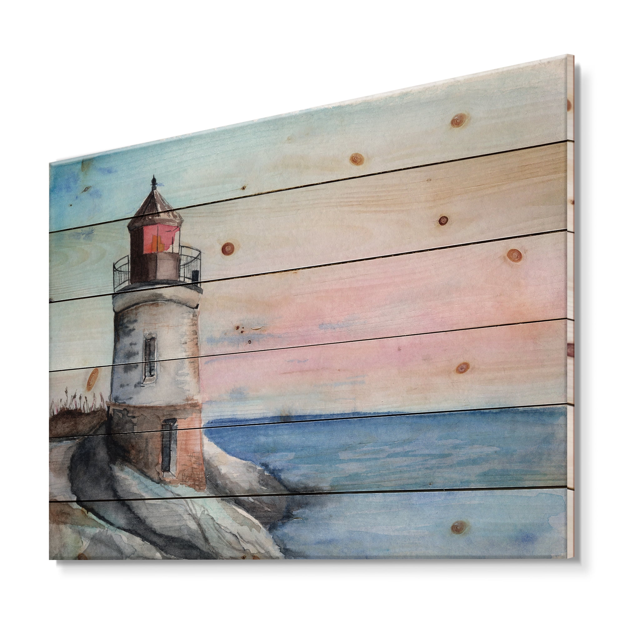 Designart 'A Lighthouse On A Rock Shore At Dawn' Nautical & Coastal Print on Natural Pine Wood